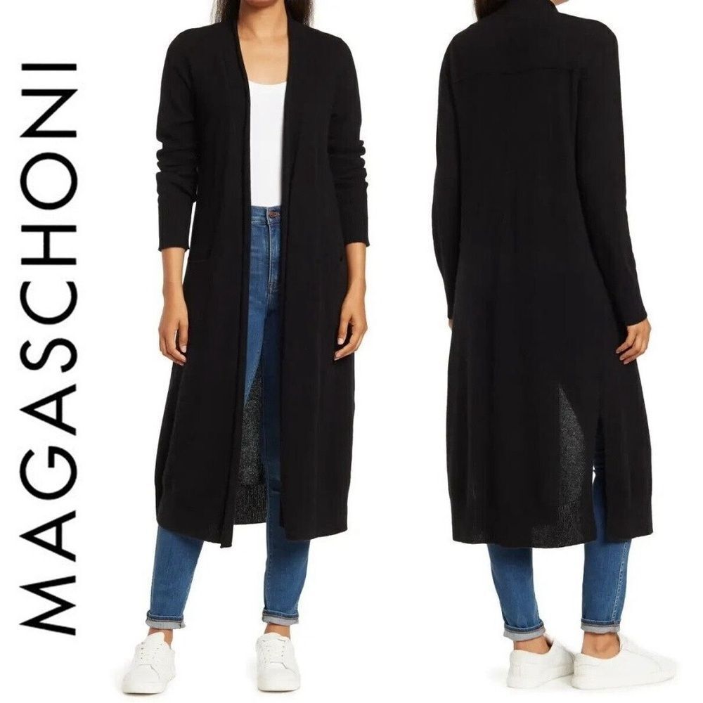 Magaschoni Women's 💯 cashmere Black Long Cardigan Sweater